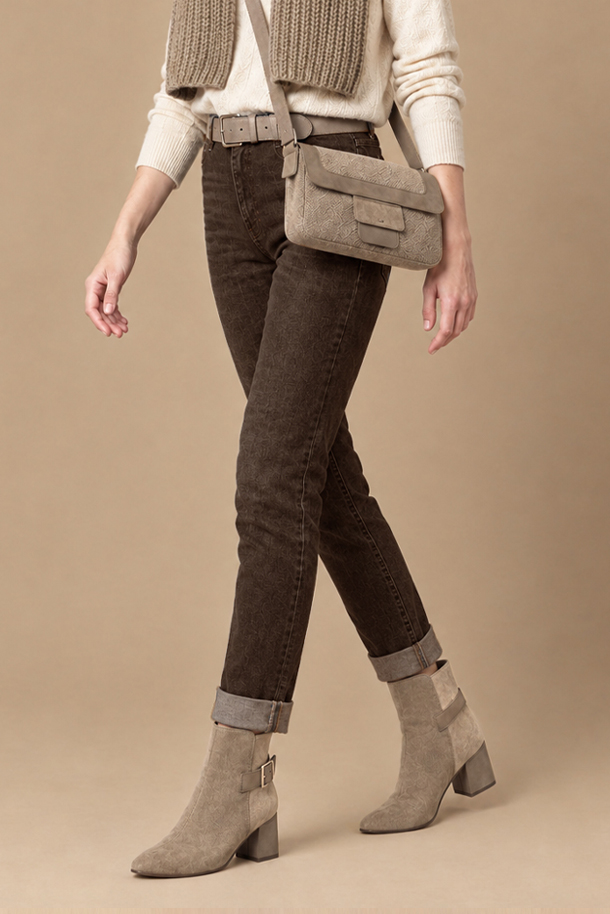 Women's tan and natural beige back-buckle ankle boots with square toe and mid block heel - Worn view